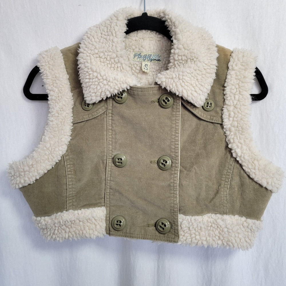 Y2K Vintage Plugg Sherpa‎ Cropped Corduroy Olive Vest Double Breast Sz Small